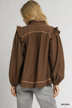 Umgee Womens Blouse Brown Ruffle Shoulder Long Sleeve Top 2d34d244-4d64-46f6-b48c-72f1090d4f46-Max-Origin Trendsi