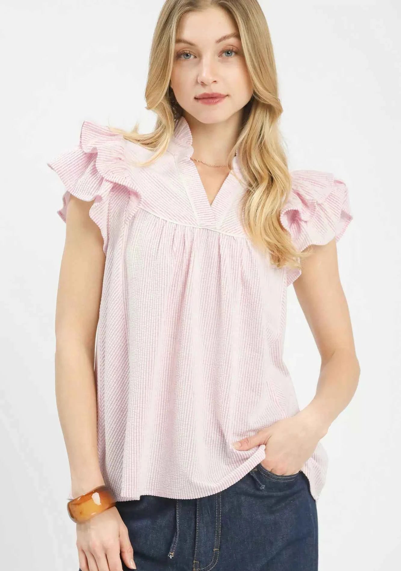 Umgee Blouse Textured Pink Ruffled Sleeve Short Sleeve Top PINK 2d46192a-731b-4257-adcb-a950d7840e00-Max-Origin Trendsi