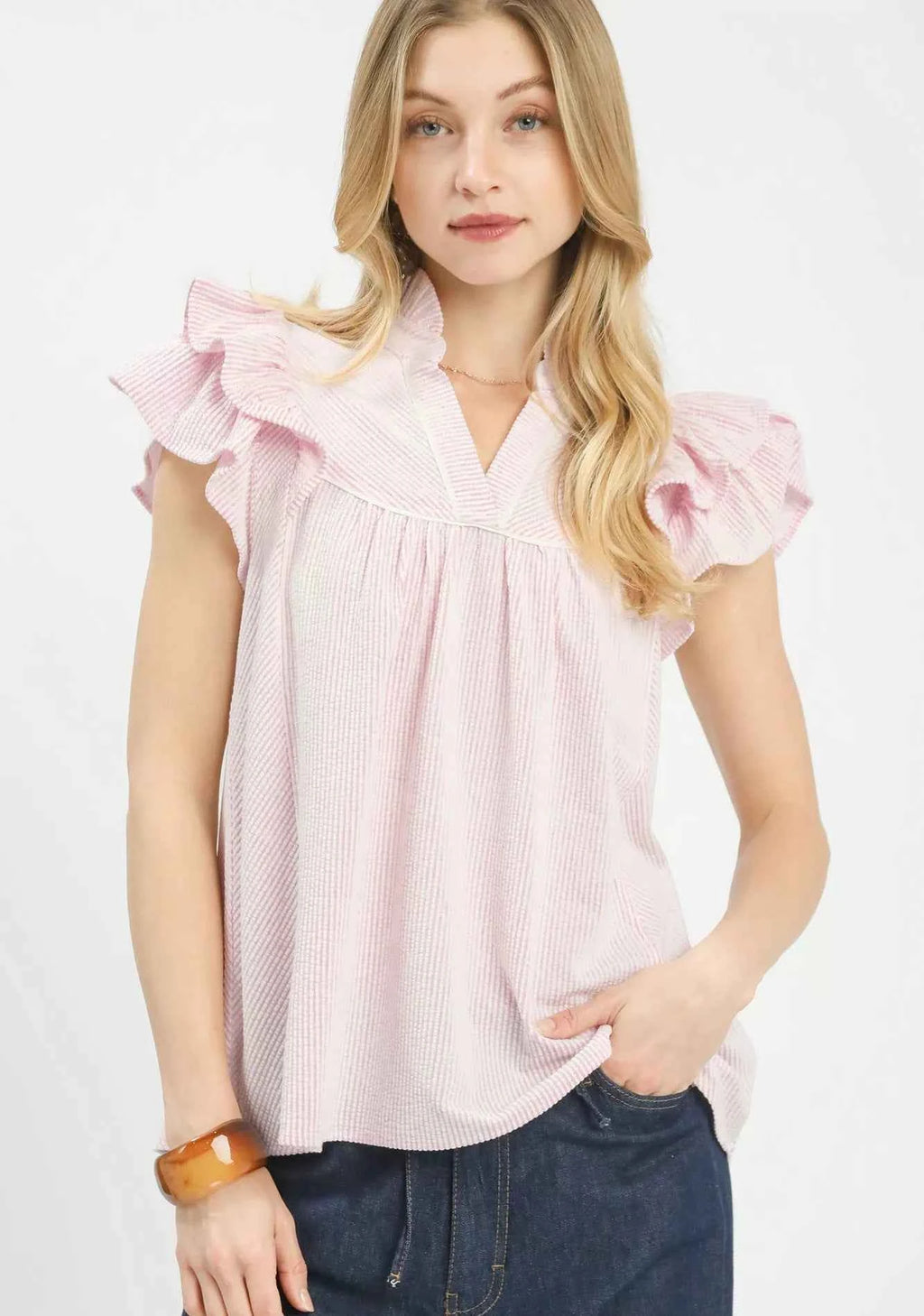 Umgee Blouse Textured Pink Ruffled Sleeve Short Sleeve Top PINK 2d46192a-731b-4257-adcb-a950d7840e00-Max-Origin Trendsi