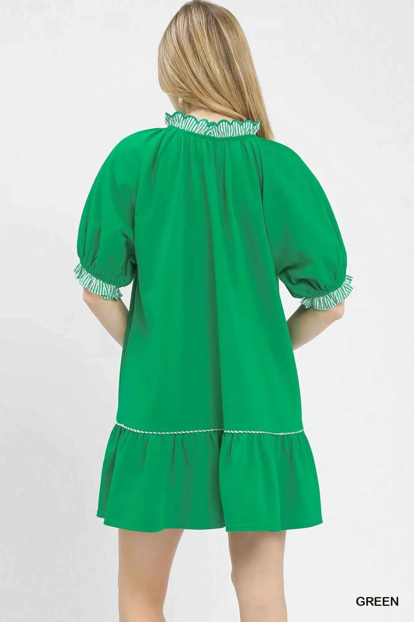 Umgee Mini Dress Green French Terry with Ruffled Striped Trim Short Sleeve 2d485ffe-5b76-4a64-a951-96919b92da7f-Max-Origin Trendsi