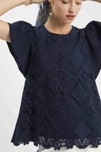 Umgee Blouse Floral Lace Navy Blue Overlay Flutter Short Sleeve Top 2d4e3650-6172-4e66-9314-04083ebf6d90-Max-Origin Trendsi