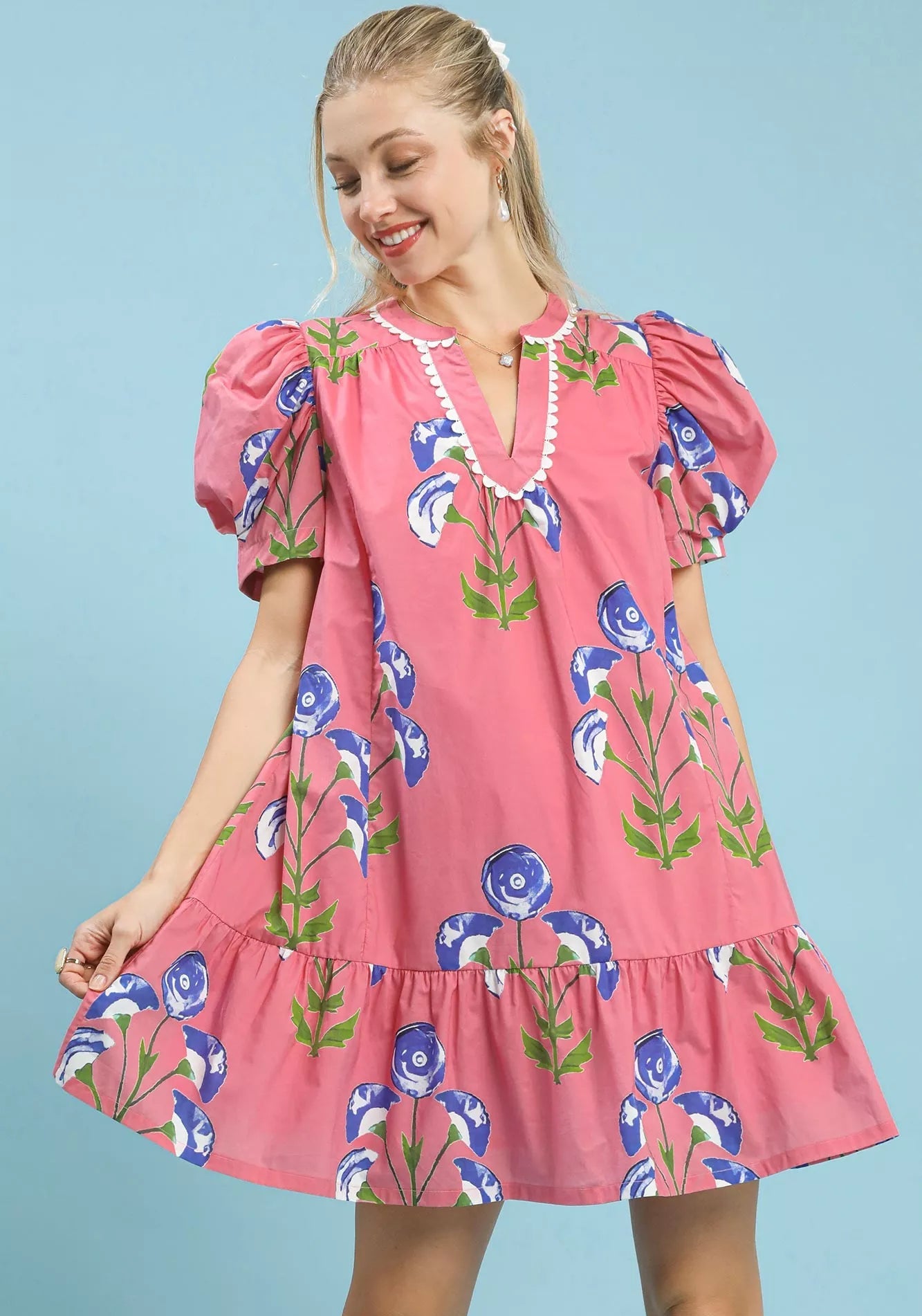 Umgee Floral Print Puff Sleeve Mini Dress with Scallop Trim PINK 2d56c68a-7590-45f0-9933-8e750ff552ff-Max-Origin Trendsi