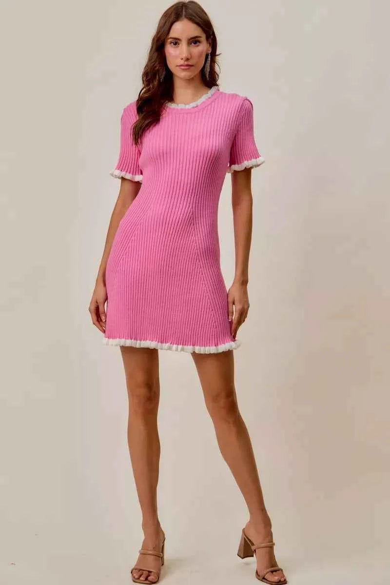 SO ME Contrast Ruffled Sweater Knit Mini Dress