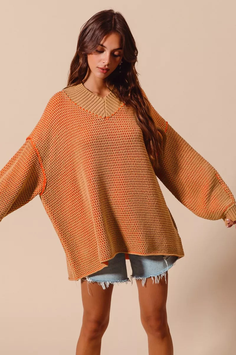 SO ME Womens Sweater Oversized V Neck Camel Orange Two Tone Textured 2d63d8a13d01461eb50d37145340254a-Max-Origin Trendsi