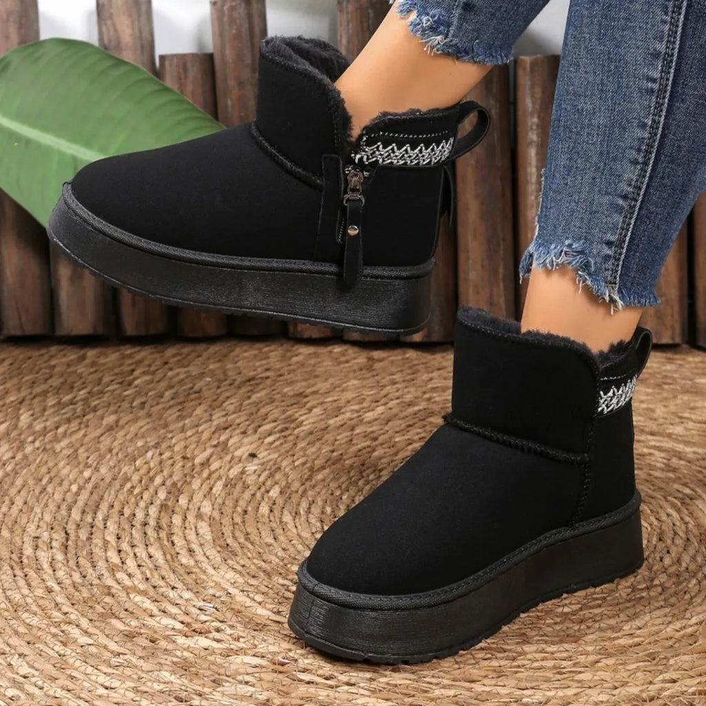Women's Suede Ankle Boots with Decorative Strap Zipper Fluff Shoes Black 2d645b3cc6574185bfa081f5bb75e3ac-Max-Origin Trendsi