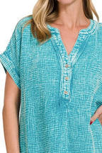 Zenana T-shirt Light Teal Washed Double Gauze 3/4 Button Henley Neck Shirt Top 2d659db0-72f3-4f2d-ba22-5789abe48147-Max-Origin Trendsi