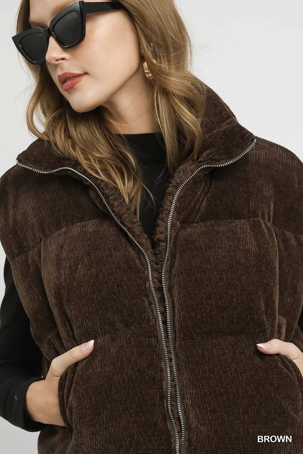 Umgee Womens Vest Coat Brown Sherpa-Lined Zip Up with Drawstring Hem 2d693cbc-d003-413b-980a-3b3aa960e3ab-Max-Origin Trendsi