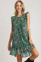 Umgee Ruffle Dress Smocked Dark Green Floral Metallic Print Short Sleeve S-2XL 2d6fb829-11e7-4767-8755-d9dec107e2fa-Max Trendsi