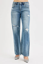 RISEN Women's Jeans Mid Rise Fit Wide Baggy Leg Tie Washed Raw Hem Denim 2d7b0f499b6a4f3d95081c8df11b88bd-Max-Origin Trendsi