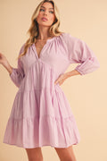 Aemi + Co Mini Dress Cotton Notched Balloon 3/4 Sleeve Lilac Ruffle Tiered Lilac 2d7f9c1d-b7e9-42b6-8815-5dca3e26cf9b-Max Trendsi