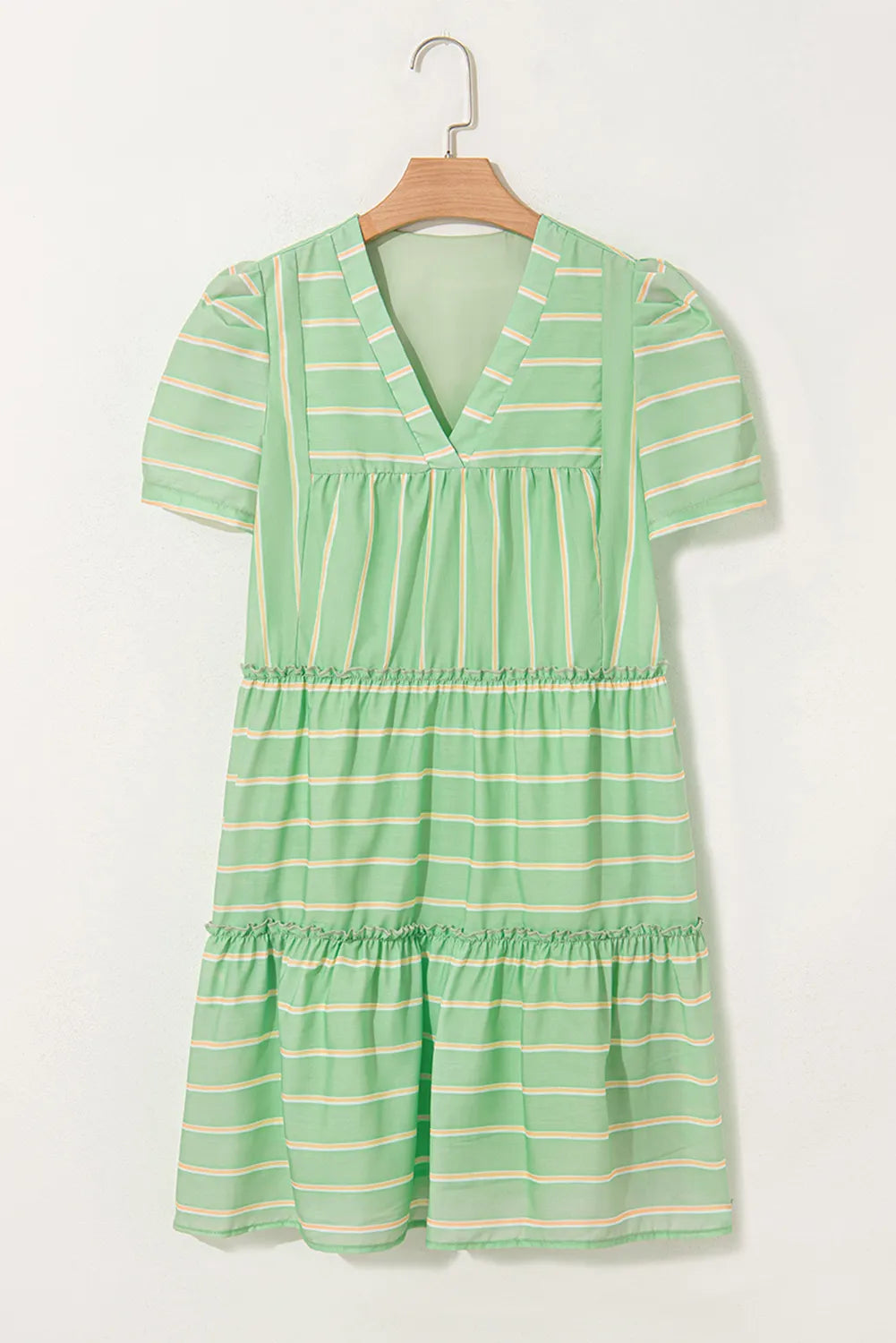 Ruffle Dress Stripe V Neck Green Short Sleeve Frilled Detail 2d824c1a-8201-45e9-aa28-1579a0b9f5d9-Max-Origin Trendsi