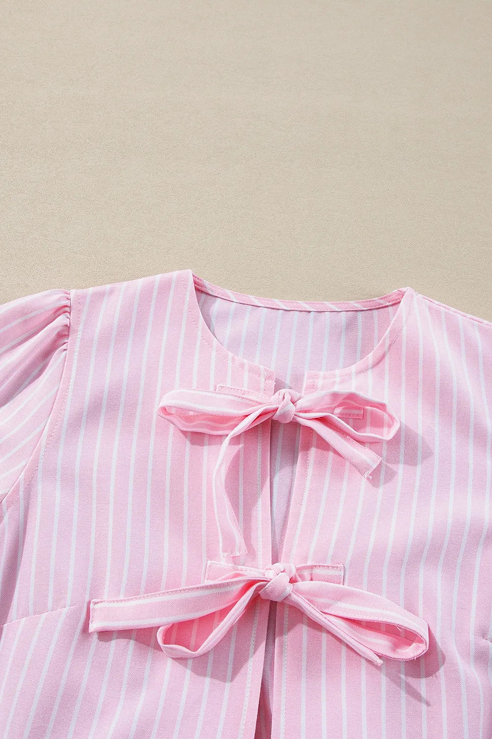 Women's Blouse Striped Blush Pink Bow Tie Front Peplum Long Sleeve Top 2d9d742d-6d1e-489f-8d76-e5b81a3649f9-Max-Origin Trendsi