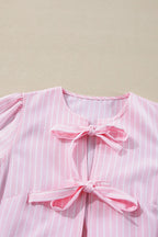 Women's Blouse Striped Blush Pink Bow Tie Front Peplum Long Sleeve Top 2d9d742d-6d1e-489f-8d76-e5b81a3649f9-Max-Origin Trendsi