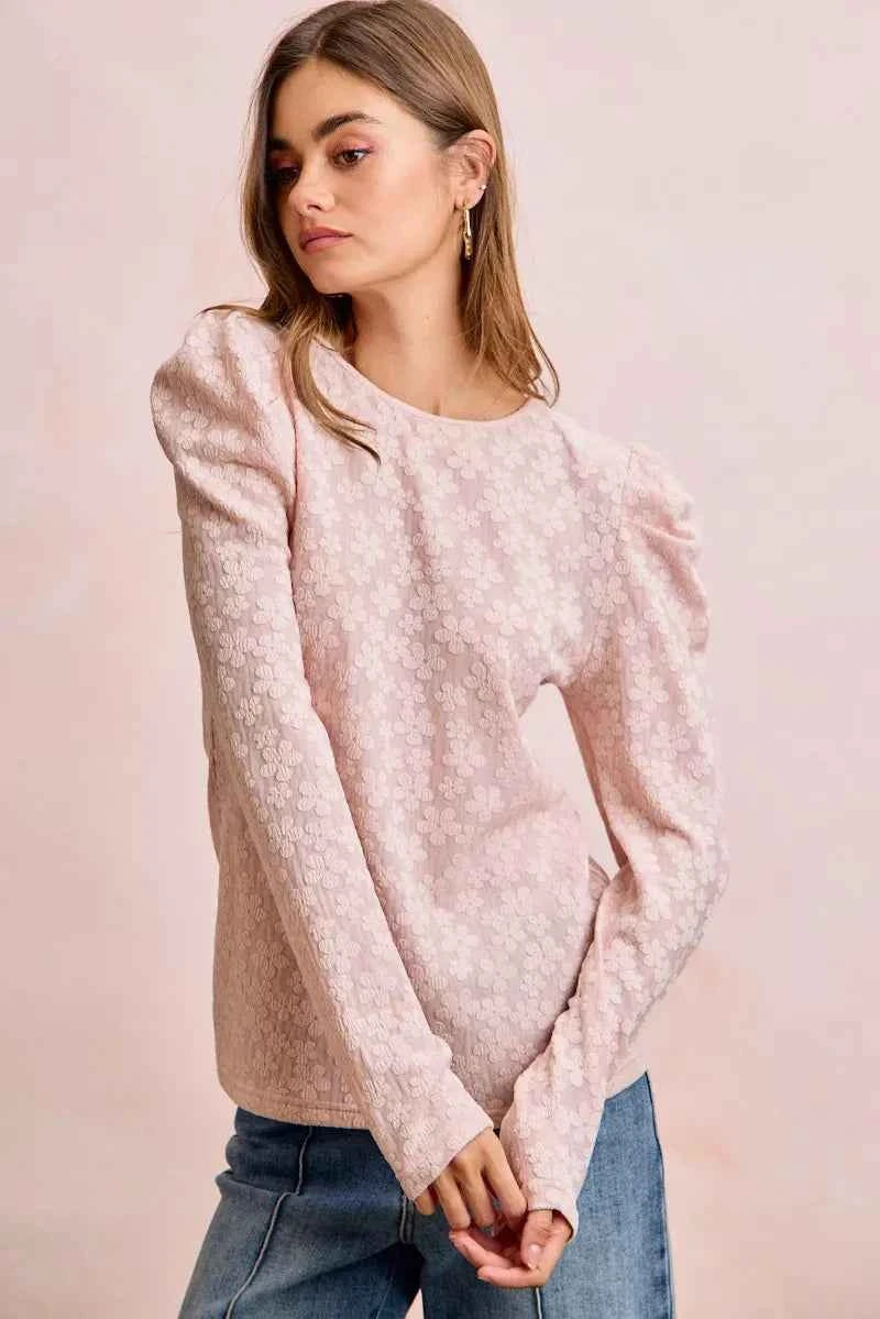 BiBi Women Blouse Textured Flower Knit Blush Pink Puff Shoulder Top Long Sleeve 2da5598527064584989b9133c5334398-Max-Origin Trendsi