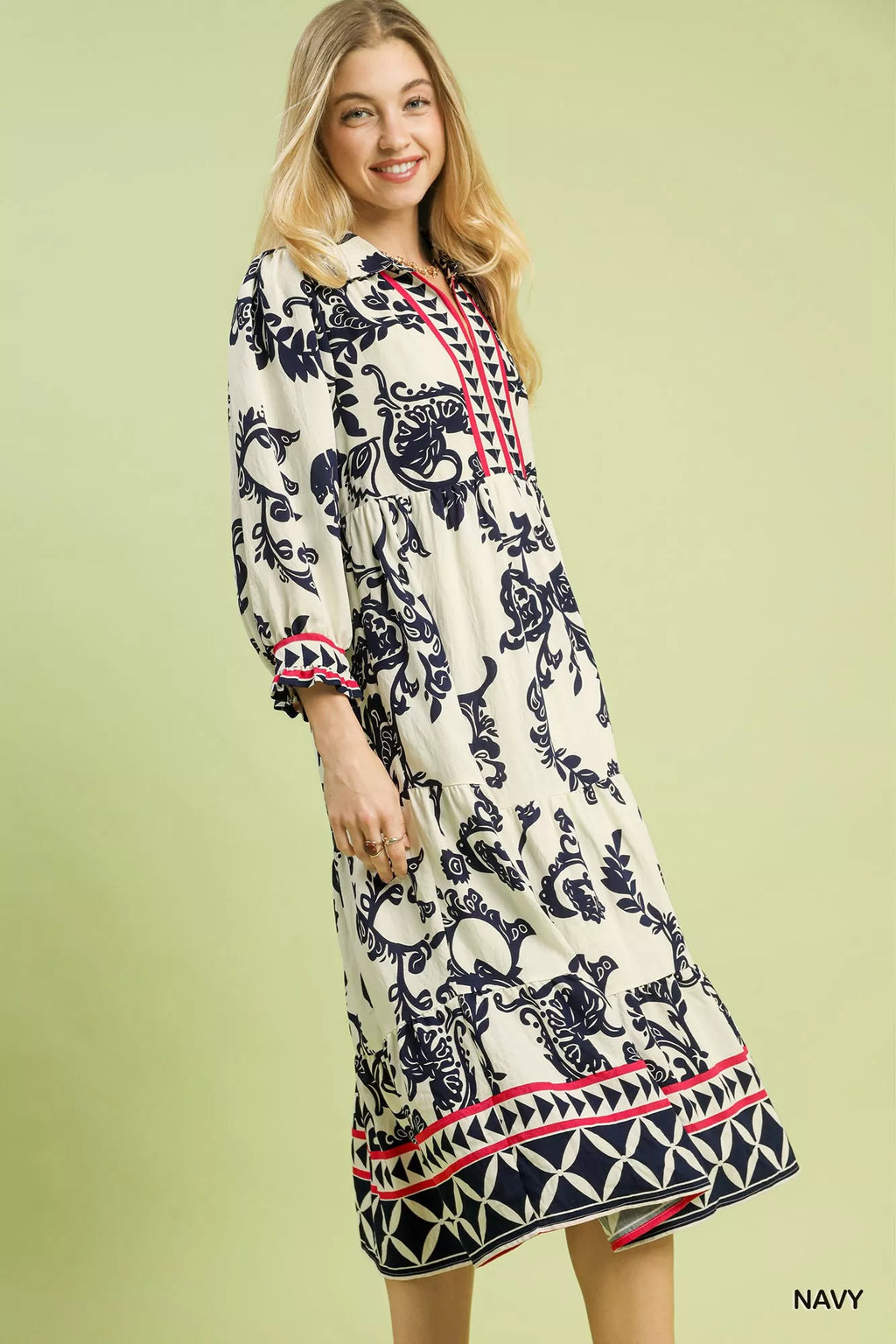 Umgee Midi Dress Navy Floral Boho Print Tiered Ruffle 3/4 Sleeves 2dbaae01-155b-4553-9b3a-7f766df7ee6e-Max-Origin Trendsi