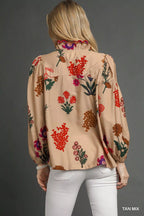 Umgee Womens Blouse Tan Mix Flower Print Top with Scalloped Neckline 2dc4c5b7-9641-4108-8cff-382d31c0a02c-Max-Origin Trendsi