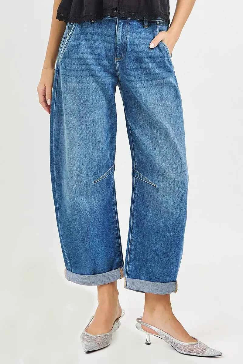 RISEN Cropped Barrel Jeans Slouchy With Cuffed Hem Medium Wash 2dc81d0372b24e5c8d6f162321f236e2-Max-Origin Trendsi