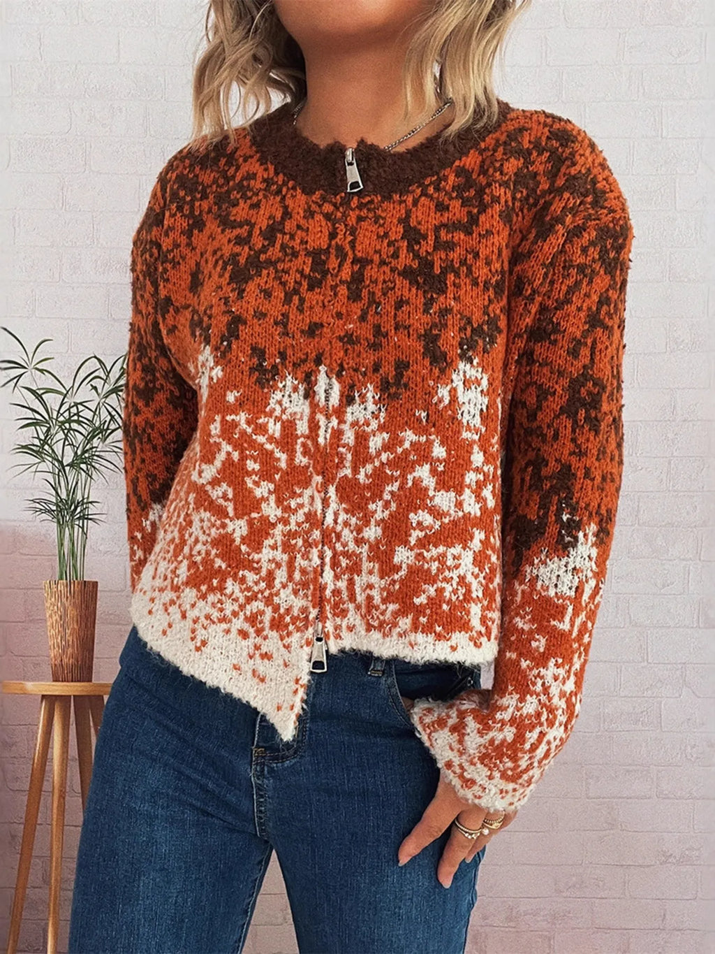 Women's Cardigan Zip Up Knit Asymmetrical Hem Long Sleeve Orange One Size 2dc90449716c4d8cb406fb05b301682f-Max-Origin Trendsi