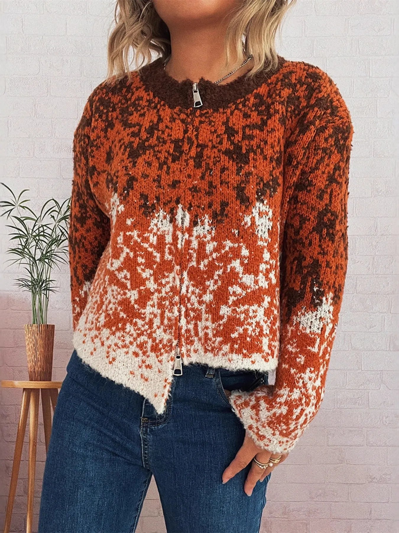 Women's Cardigan Zip Up Knit Asymmetrical Hem Long Sleeve Orange One Size 2dc90449716c4d8cb406fb05b301682f-Max-Origin Trendsi