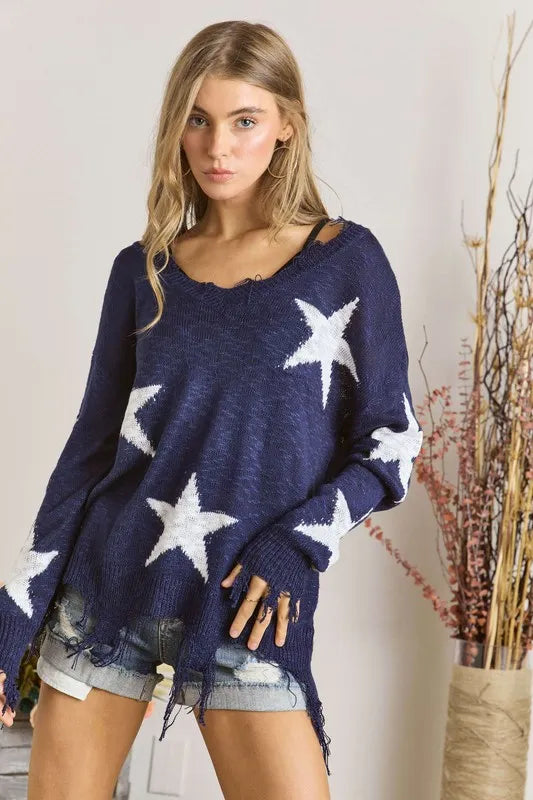 ADORA Knit Top Distressed Star Navy Raw Hem Fringe Long Sleeve NAVY OFF WHITE STAR 2dcc9a67f2214a61963ac7835784913e-Max-Origin Trendsi