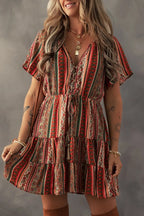 Bohemian Mini Dress Floral Print Buttoned V Neck Ruffle Short Sleeve Floral 2ddd5c0d-5f2f-457d-982c-84d591b1753c-Max-Origin Trendsi