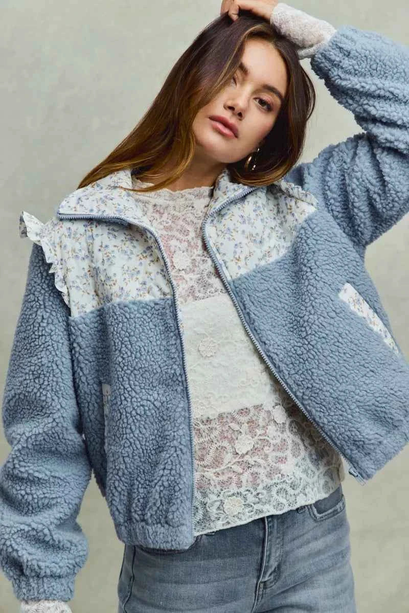 SO ME Women Jacket Faux Fur Sherpa Blue Pull with Floral Ruffle Contrast Zipper 2de6dfe637304bd7a42cc93cea9ce9b1-Max-Origin Trendsi