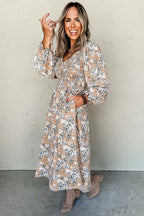Floral Midi Dress V-Neck Long Puff Sleeve Mocha Flower Print 2ded6dd8-cf83-4071-b225-097585bb3b89-Min Trendsi