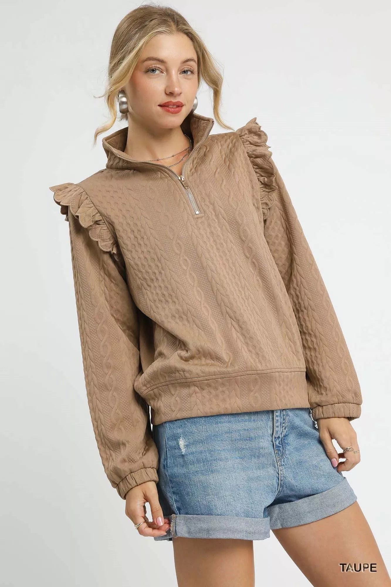 Umgee Womens Pullover Taupe Cable Knit Textured with Ruffle Shoulders 2dfa312a-aac8-4982-bc11-b6b3319a5c8b-Max-Origin Trendsi