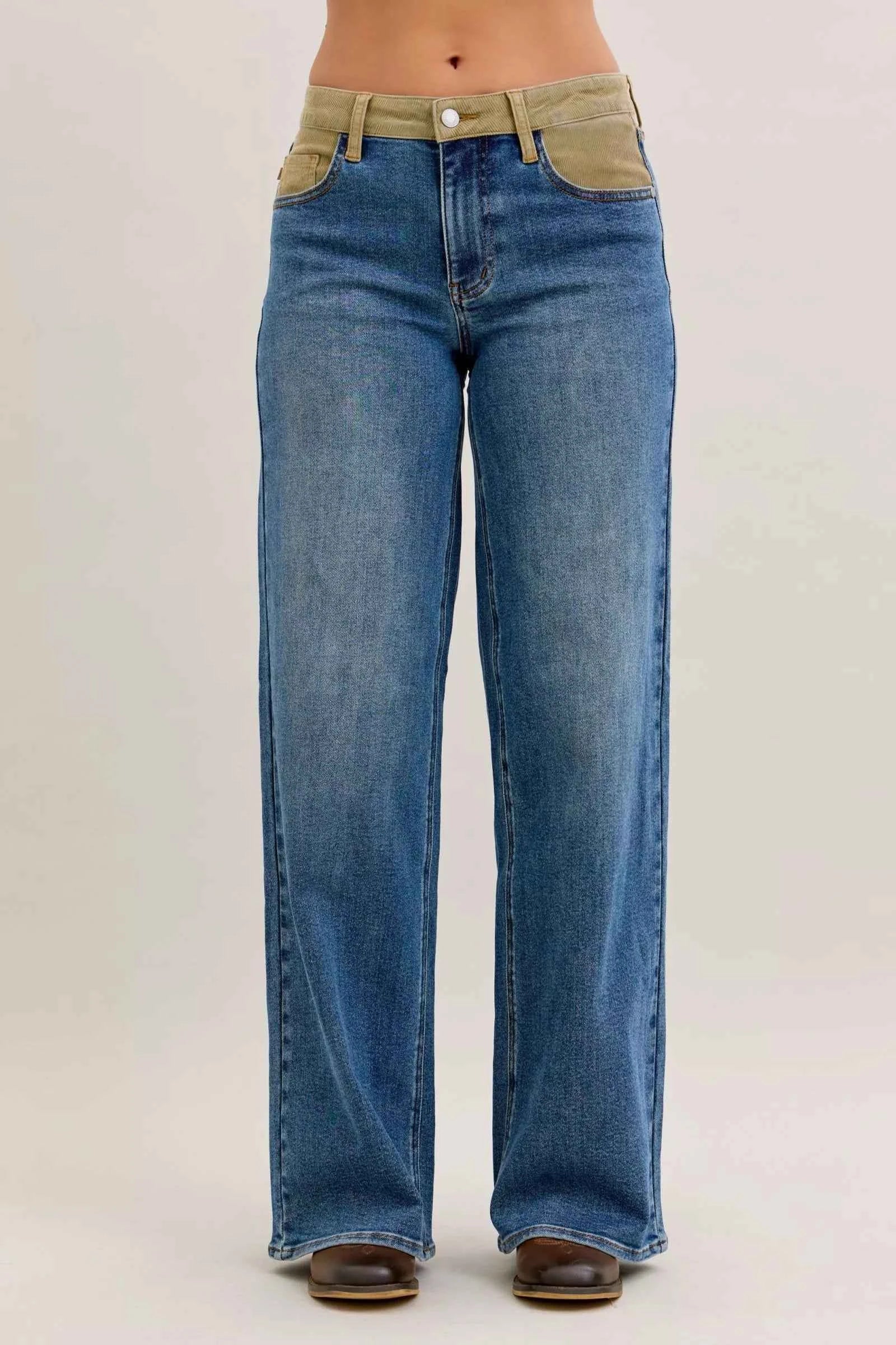 Judy Blue Straight Jeans MR Column with Corduroy Waist Medium Wash MD 2e00944b-8b5b-4752-bf2b-04767871f295-Max-Origin Trendsi