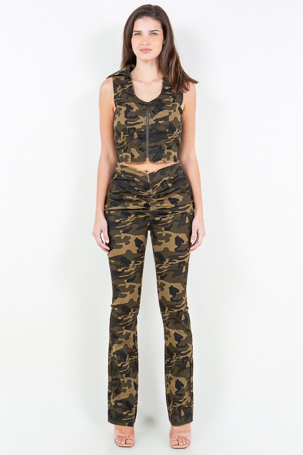 Camouflage American Bazi V-Cut Ruched Camo Flare Pants Olive Camo 2e025fab-0022-4404-a44a-2964210f52be-Max Trendsi
