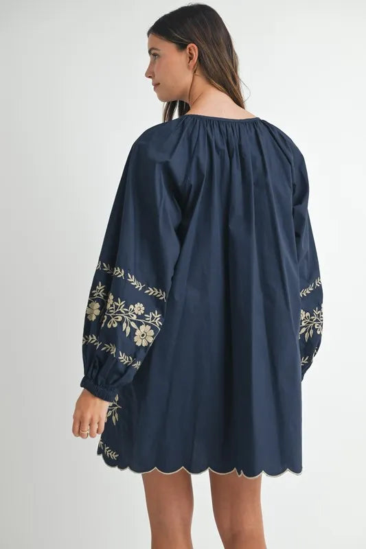 MABLE Mini Dress Navy Floral Embroidered Long Sleeve Peasant Tied 2e03c8ba8172470aa9070470e15a5113-Max-Origin Trendsi