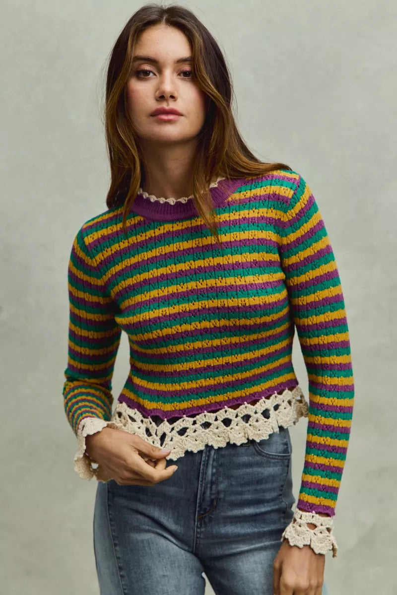SO ME Mardi Gras Striped Cropped Knit Top with Crochet Edge PURP GOLD GRN OAT 2e06562194b2422a885e17061d2a30a0-Max-Origin Trendsi