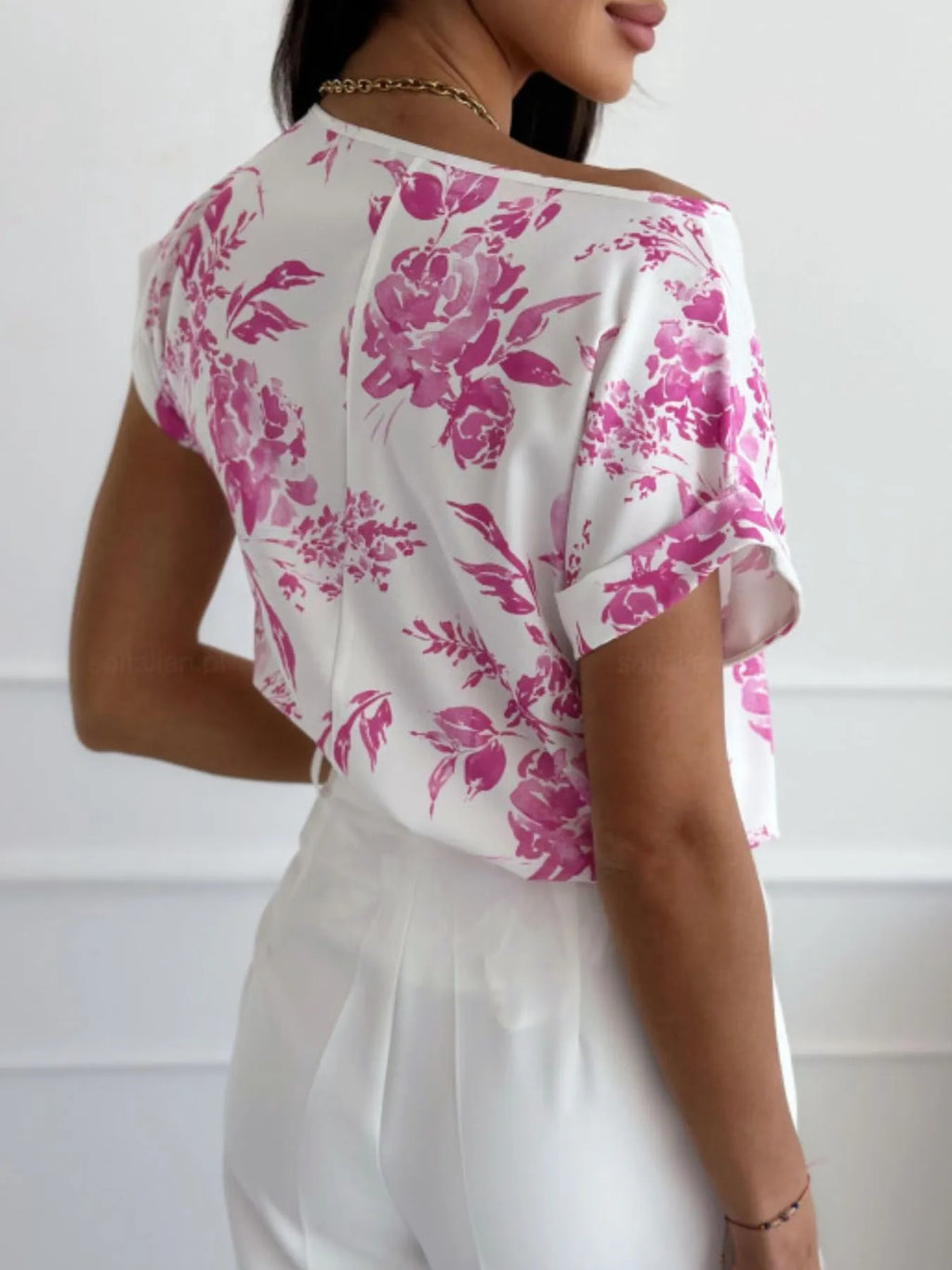 Women's T-Shirt Classic Rolled Tab Sleeve Floral Solid Tops 2e0772a9-a8ad-4314-8458-6dcd0e2805dd-Max-Origin Trendsi