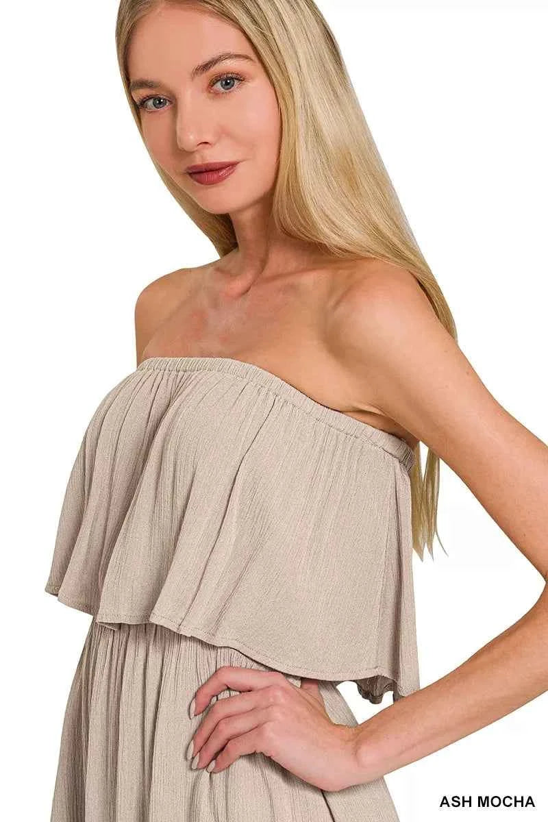 Zenana Woven Crinkle Strapless Maxi Dress