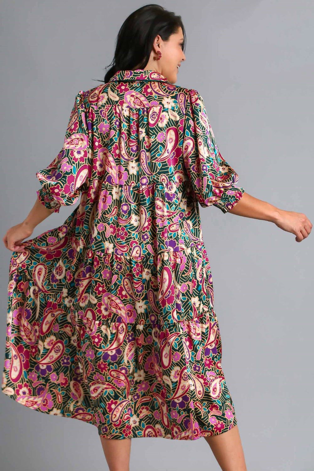 Umgee Satin Midi Dress Colorful Paisley Print Tiered Short Sleeve 2e0f582a-13ad-4885-a051-960a124072ba-Max Trendsi