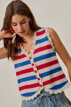 SO ME Fourth of July Red, White, and Blue Striped Button-Down Vest Top