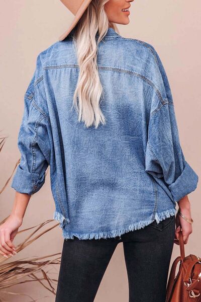 Denim Shirt Women's Raw Hem Long Sleeve Front Patch Pockets Top 2e1bd357-5f39-47d5-abbd-8d54fec8135a-Min Trendsi