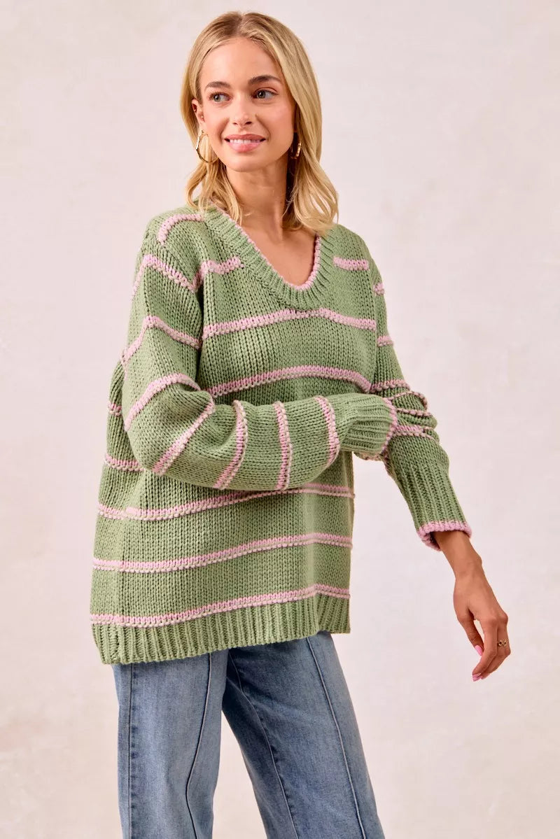 BiBi Womens Sweater Striped Sage Green Long Sleeve Oversized Pullover 2e20161825704024b9e48d4cce3f2b2c-Max-Origin Trendsi