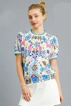 Umgee Blouse Pastel Blue Floral Retro Printed Puff Short Sleeve Top Pastel Blue 2e23e982-22a0-48a8-98ec-63ec419bed22-Max-Origin Trendsi