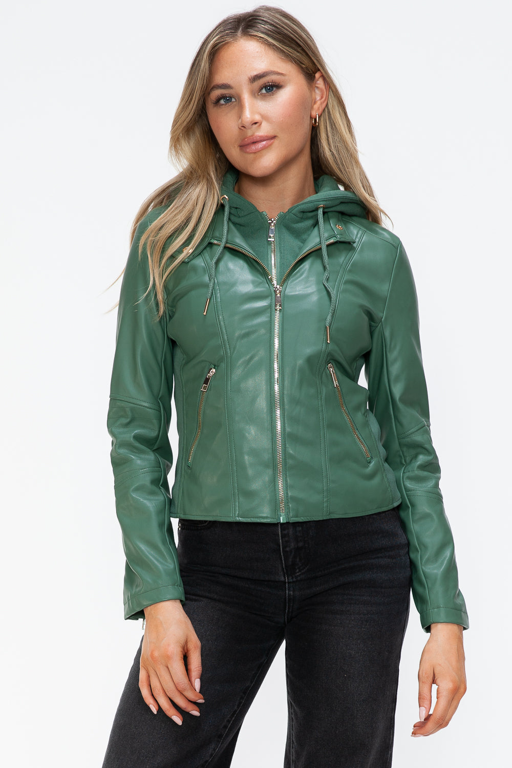 Snobbish Faux Leather Women Jacket Zip Hooded Pocketed Green Basic