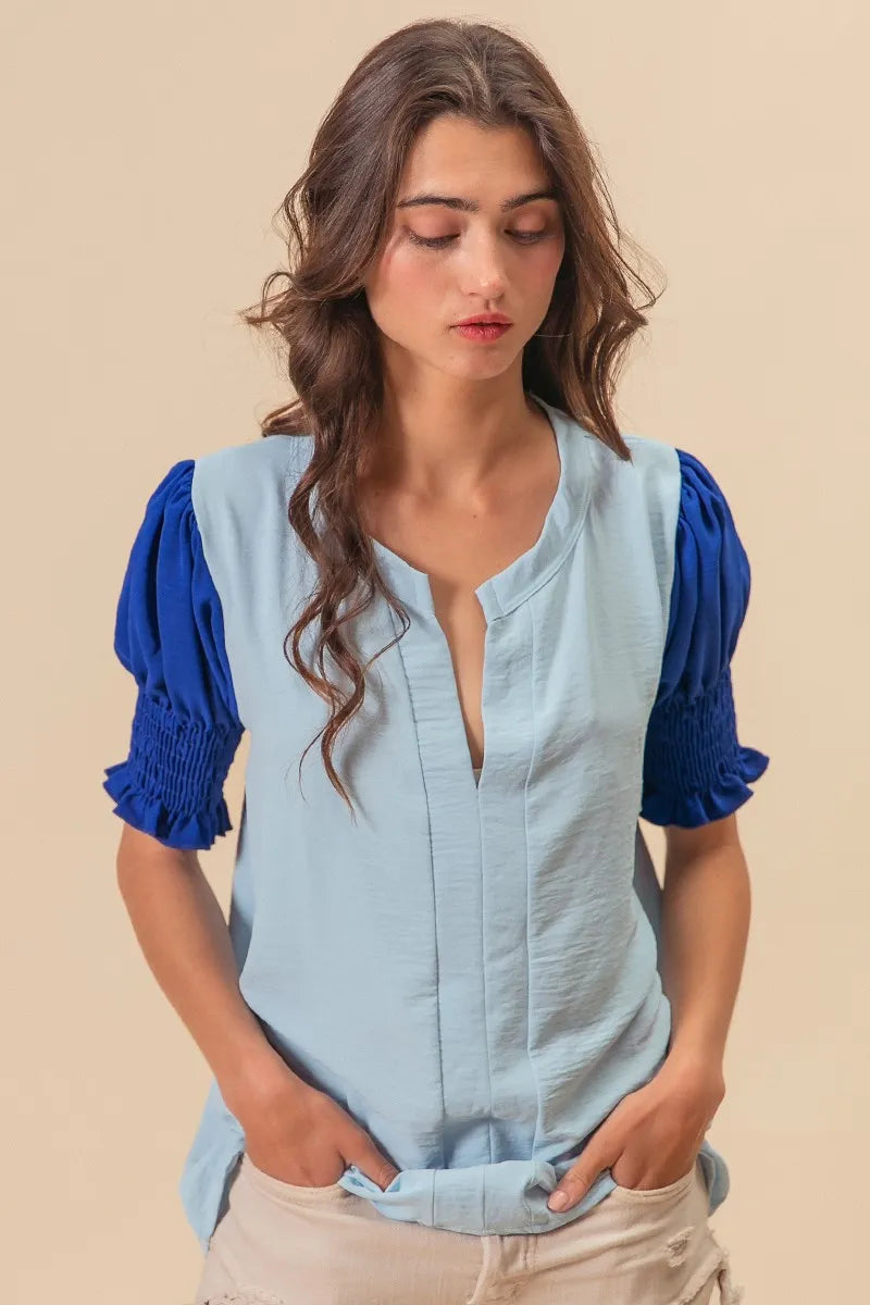 BiBi V Neck Top Air Flow Ruffled Blue Color Block Puff Short Sleeves LT.BLUE ROYAL 2e2b5468632f4c44bedb69ae2e7ab2f1-Max-Origin Trendsi