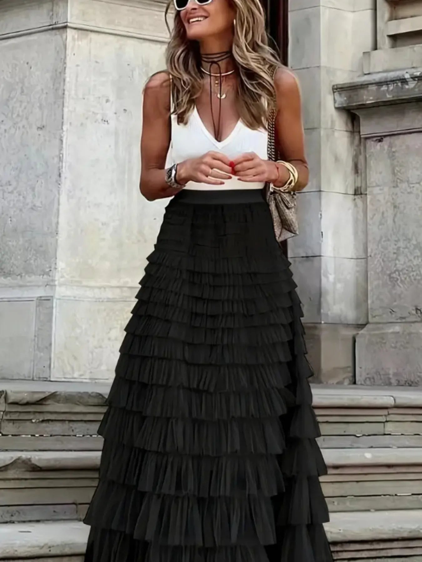 Ruffle Maxi Skirt Layered Mesh Tiered Elastic Waist 2e316fd01dc849edbb585a5cca886362-Max-Origin Trendsi