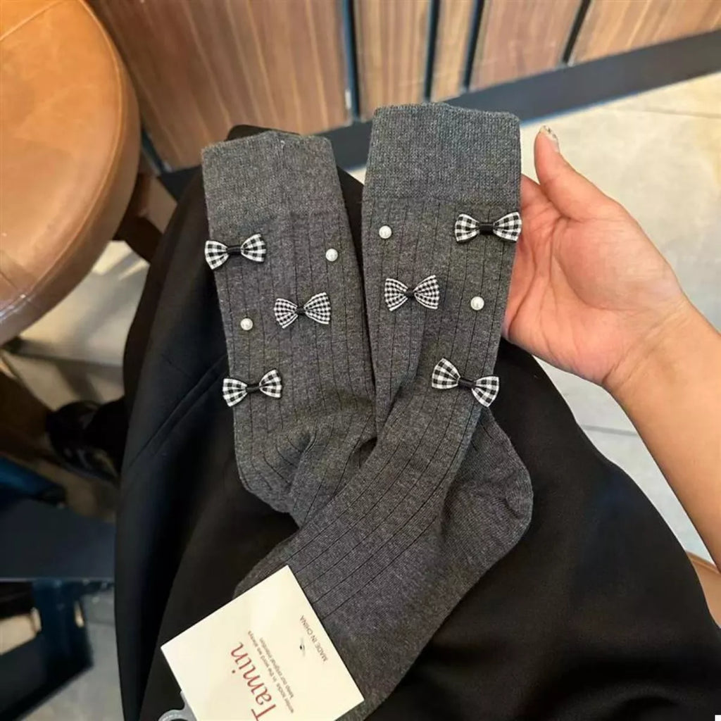 Women's Crew Socks Cotton Bow Pearl Detail Soft 1 Pair Dark Gray One Size 2e363898-af04-4c44-93d7-709964b2d8e0-Max-Origin Trendsi