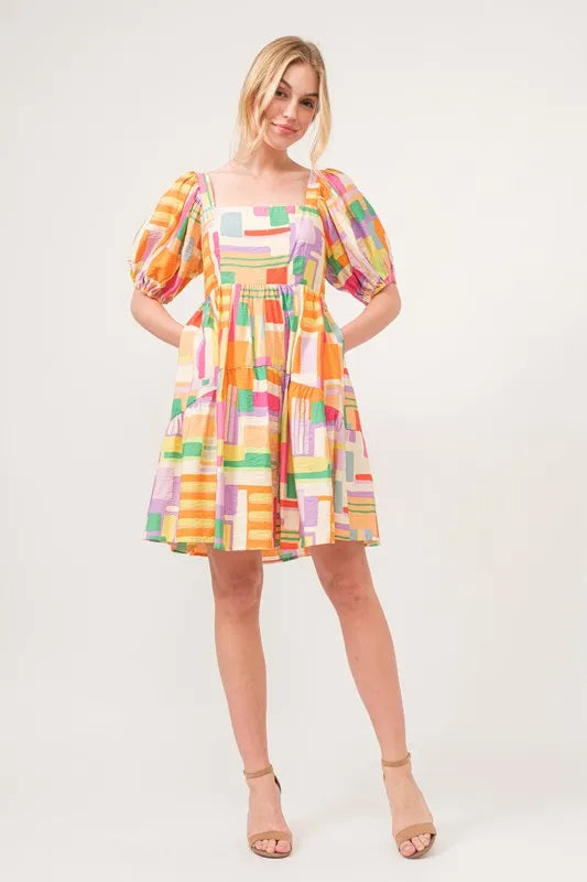 And The Why Mini Dress Geo Yellow Colorful Printed Square Neck Puff Sleeve 2e377483510e4de7aaa0ecf4e93a10e4-Max-Origin Trendsi