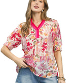 Umgee Floral Contrast Pleated Neck Top