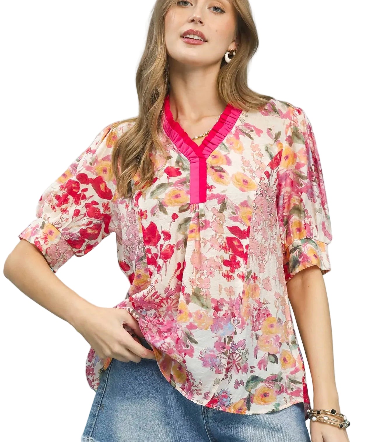 Umgee Floral Contrast Pleated Neck Top