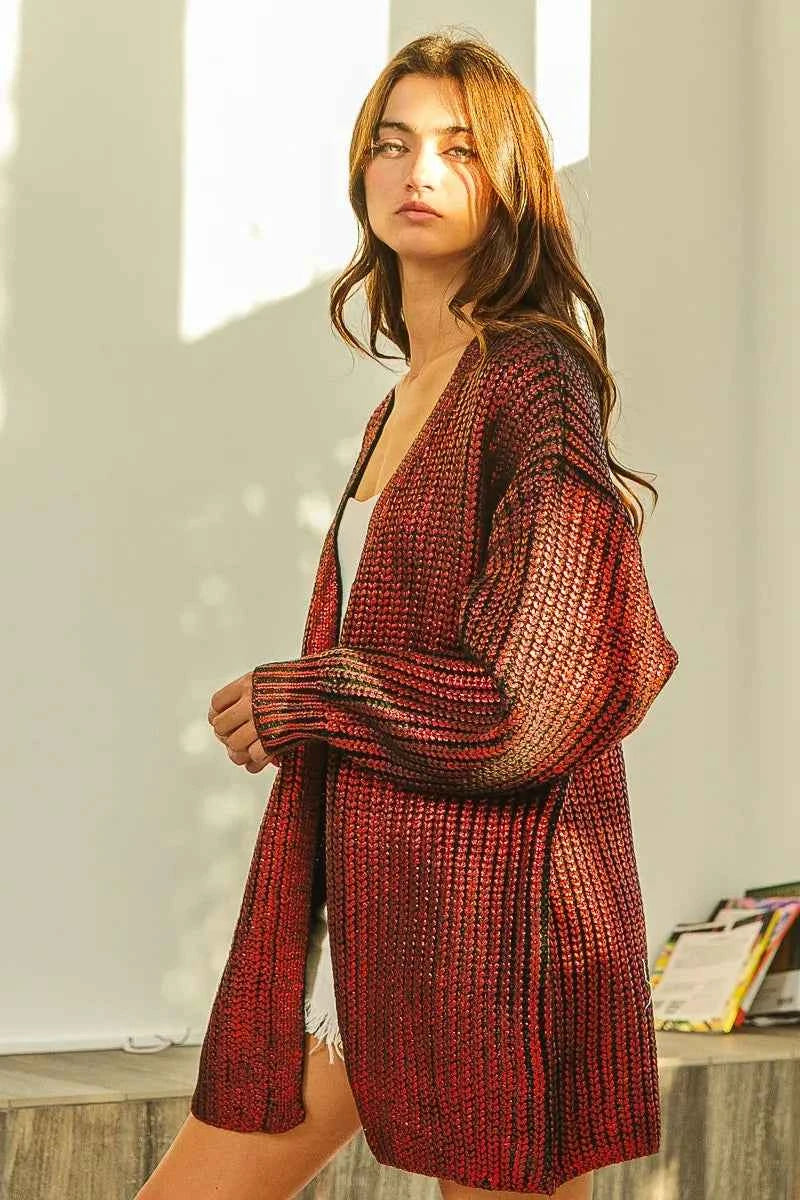BiBi Metallic Knit V-neck Open Sweater Cardigan