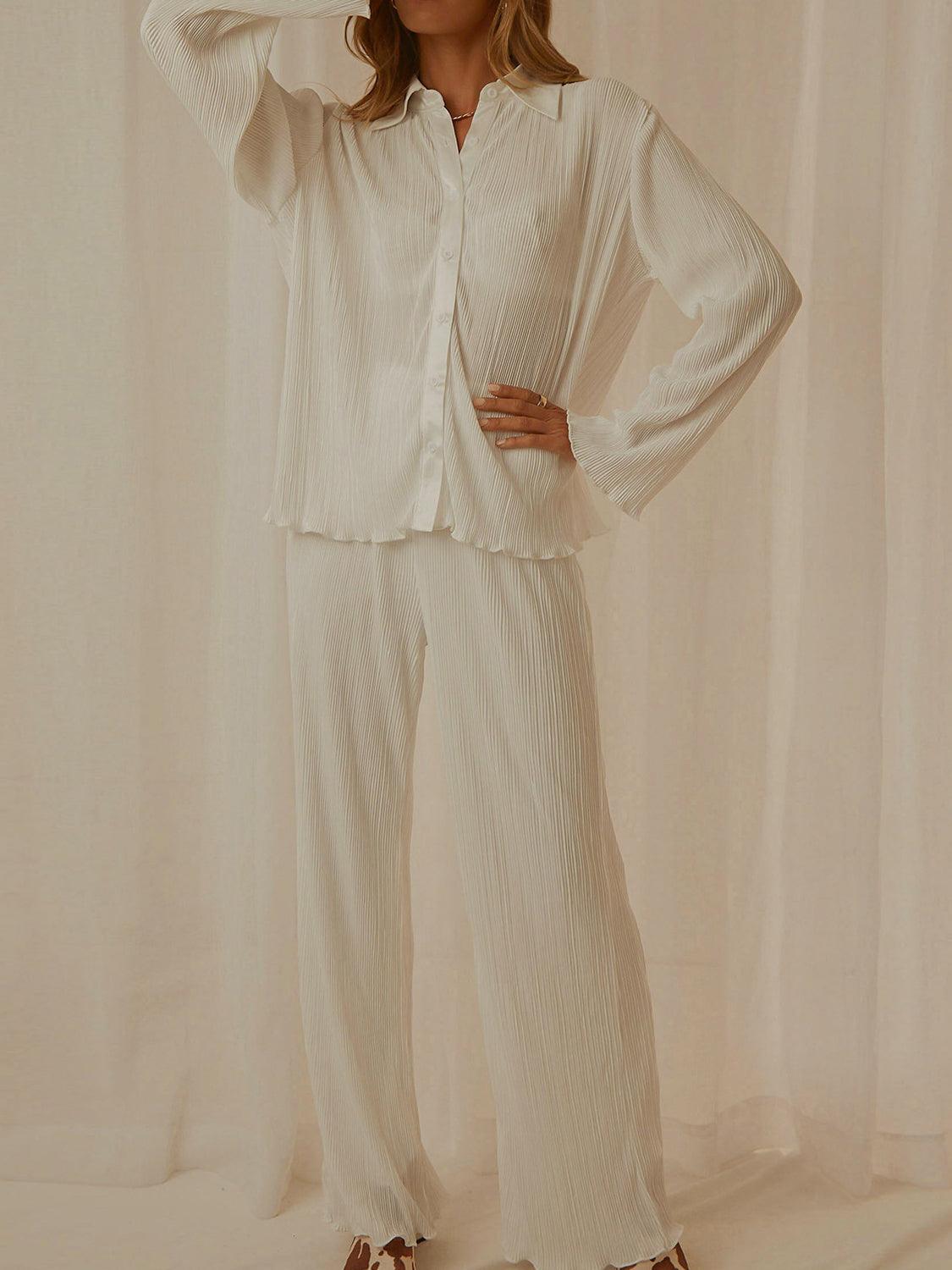 Lounge Set Collared Neck Long Sleeve Top and Pants Cream 2e43354e-b09c-4ba9-a0ea-5eeac66c6773-Max Trendsi