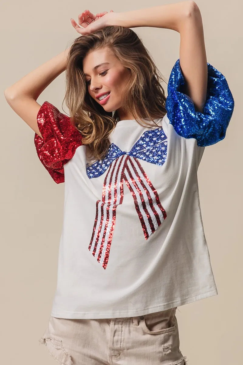 BiBi Cotton T-shirt Sequin American Flag Bow Top Short Puff Sleeve 2e44f4835bcb435aa21f1319141d1fcd-Max-Origin Trendsi