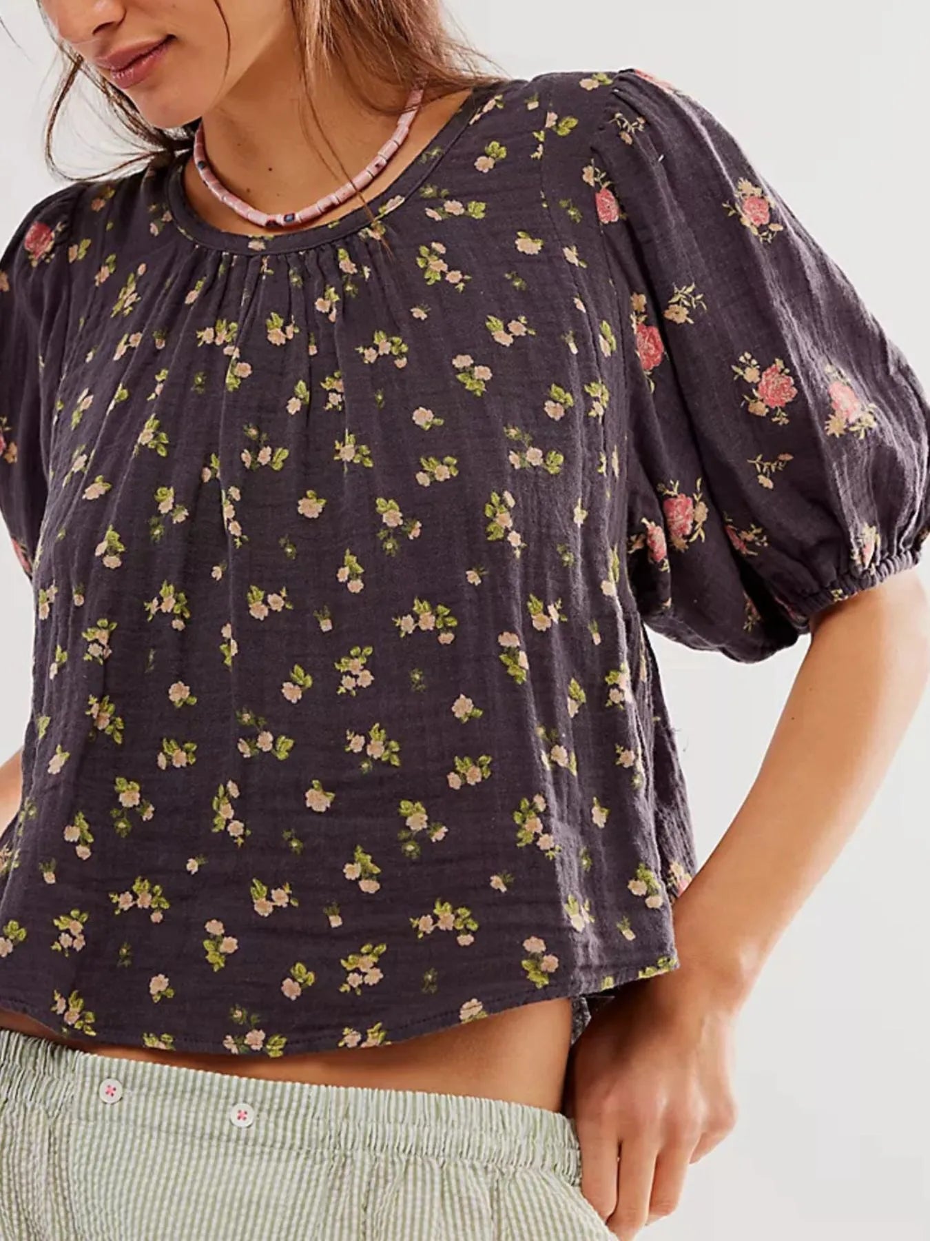 Women's Blouse Floral Puff Short Sleeve Bow Back Backless Top Brown 2e49caf1-0e81-4b18-92f5-42c4329e6e7f-Max-Origin Trendsi